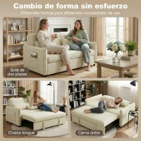 HOMCOM Sofá convertible 2 plazas 3 en 1, sofá cama clic-clac en chenilla con respaldo ajustable, portavasos, beige(m-4)