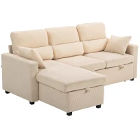 HOMCOM Sofá Cama Esquinero con Compartimento, Tapizado en Terciopelo Acanalado y 2 Cojines, 205x135x76 cm, Beige(m-1)