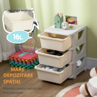 HOMCOM Cutii de depozitare pentru copii, 3 sertare mari, margini rotunjite, plastic, 37x37x56,5 cm, Crem(m-5)