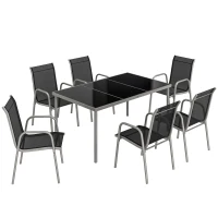 Outsunny Conjunto de Mesa y Sillas Jardín con Mesa de Vidrio Templado y 6 Sillas Apilables Transpirables para Terraza Negro(m-1)