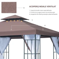 Outsunny Pavilion de grădină cu plasă antimuște și pereți laterali, cort pentru petreceri cu acoperiș dublu, cort de grădină 2,97x2,97m(m-7)