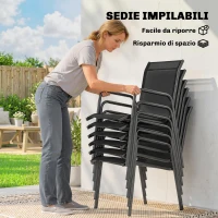 Outsunny Set da Esterno 7pz in Acciaio con 6 Sedie Impilabili in Texteline e Tavolino da Caffè con Piano in Vetro, Nero(m-4)