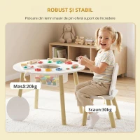 AIYAPLAY Masă pentru copii cu scaune și spațiu de depozitare, set de mobilier pentru copii 3 piese în alb și natural pentru camera de joacă și dormitor(m-4)