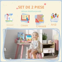 AIYAPLAY Set masă și scaun pentru copii, masă pentru copii cu scaun și suport pentru cărți, modele ursuleț, pentru copii 3-8 ani, roz(m-6)