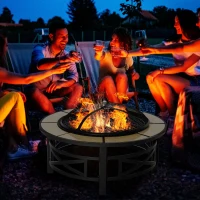Outsunny 2-in-1 Φ84cm Metal Large Fire Pit, Outdoor Firepit Bowl with Grill, Spark Screen Cover, Fire Poker for BBQ, Garden, Bonfire, Patio, Black(m-2)