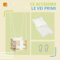 AIYAPLAY Leagan pentru copii 9-36 luni din lemn si bumbac, pentru spatii interioare si exterioare cu franghie reglabila si perna detasabila, 30x30x110-180 cm, culoarea lemnului si alb(m-5)