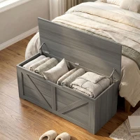 HOMCOM 127L Home Storage Box, with Safety Hinges - Dark Grey Wood-Effect(m-9)