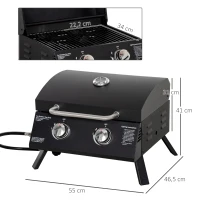 Outsunny tafelgrill gasgrill BBQ met 2 branders mobiele grillwagen grillnet klein buitentafel gasgrill picknick met reduceerslang RVS zwart 55 x 46.5 x 41 cm(m-3)