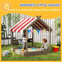 Outsunny Cutie de nisip cu protecție solară, design casă de joacă, cu set de jucării, lemn masiv tratat, 124 x 116 x 146 cm, Gri(m-7)
