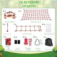 AIYAPLAY Ninja Line Set Slackline pentru copii 10 m cu inele, leagăn, scară de cățărat și plasă de cățărat pentru 3-6 ani 1000x300x180 cm Roșu(m-6)