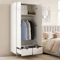 HOMCOM Elegant Home Storage Organisation Furniture, 2-Door Clothes Wardrobe with 2 Drawers, Wood Feet, White(m-11)
