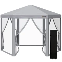 Outsunny 3 x 3(m) Pop Up Gazebo Hexagonal Foldable Canopy Tent Outdoor Event Shelter with Mesh Sidewall, Adjustable Height and Roller Bag, Grey(m-1)