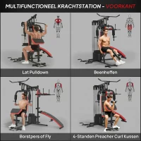 SPORTNOW Multifunctionele Trainingsstation met 65 kg Gewichtsblok, Verstelbaar, Voor Thuis Fitness, Staal, Kunstleer(m-4)