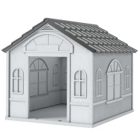 PawHut Niche pour Chien Extérieur pour Chiens Moyens et Grands, Maison pour Chien en PP Imperméable avec Toit en Pente, Porte Avant Ouverte et Ouverture d'Aération au-Dessus, 65 x 75,7 x 63 cm, Gris(m-11)