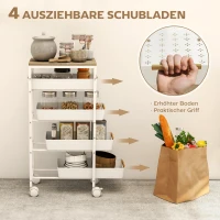 HOMCOM 5-laagse Keukentrolley, Houten Uiterlijk, Rolbaar, Metalen Frame, 4 Lades, Wit(m-4)