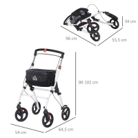 HOMCOM Andador para Personas Mayores Plegable de Aluminio con 4 Ruedas Bandeja Altura Ajustable Frenos de Maneta Blanco(m-3)