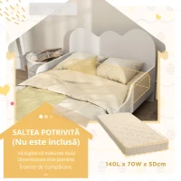 AIYAPLAY Pat pentru copii la sol 70x140 cm cu barieră de siguranță, somieră cu lamele inclusă și decorațiuni în formă de nor, alb(m-4)