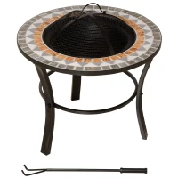 Outsunny 60cm Outdoor Fire Pit Table with Mosaic Outer, Round Firepit with Spark Screen Cover, Fire Poker for Garden Bonfire Party(m-10)