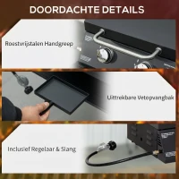 Outsunny tafelgrill gasgrill BBQ met 2 branders mobiele grillwagen grillnet klein buitentafel gasgrill picknick met reduceerslang RVS zwart 55 x 46.5 x 41 cm(m-6)