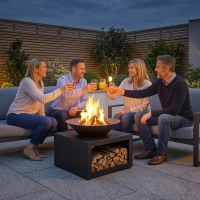 Outsunny Focar Ø59 cm cu raft pentru lemne, cârlig, utilizabil cu lemne și cărbune, rotund, Negru(m-6)