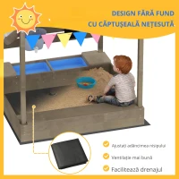 Outsunny Cutie de nisip cu protecție solară, design casă de joacă, cu set de jucării, lemn masiv tratat, 124 x 116 x 146 cm, Gri(m-5)