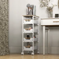 HOMCOM 5-laagse Keukentrolley, Houten Uiterlijk, Rolbaar, Metalen Frame, 4 Lades, Wit(m-8)