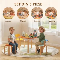 AIYAPLAY Set de 5 piese masă și scaune pentru copii, cu buzunar de depozitare, formă de floare, pentru camera de joacă, camera copiilor, lemn, multicolor(m-6)