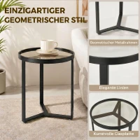 HOMCOM Runder Beistelltisch mit gehärteter Glasplatte und geometrischem Metallgestell für kleine Räume, Schwarz(m-4)