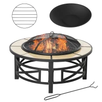 Outsunny 2-in-1 Φ84cm Metal Large Fire Pit, Outdoor Firepit Bowl with Grill, Spark Screen Cover, Fire Poker for BBQ, Garden, Bonfire, Patio, Black(m-1)