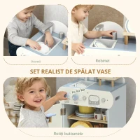AIYAPLAY Set bucătărie cu chiuvetă, mașină de spălat vase din lemn pentru copii, 32 piese accesorii, MDF, pentru copii de la 3 ani, albastru deschis(m-7)