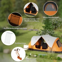 Outsunny kampeertent, 2 kamers, scheidingswand, voor 6-8 personen, regenbescherming, Oranje(m-8)