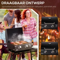 Outsunny tafelgrill gasgrill BBQ met 2 branders mobiele grillwagen grillnet klein buitentafel gasgrill picknick met reduceerslang RVS zwart 55 x 46.5 x 41 cm(m-5)