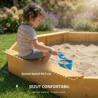 AIYAPLAY Ladă cu nisip din lemn cu copertină, ladă cu nisip pentru copii pentru exterior cu 4 bănci, căptușeală de fund, galben(m-5)
