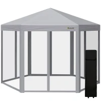 Outsunny 3 x 3(m) Pop Up Gazebo Hexagonal Foldable Canopy Tent Outdoor Event Shelter with Mesh Sidewall, Adjustable Height and Roller Bag, Grey(m-10)