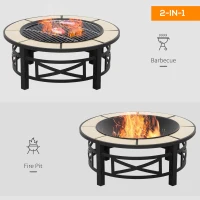 Outsunny 2-in-1 Φ84cm Metal Large Fire Pit, Outdoor Firepit Bowl with Grill, Spark Screen Cover, Fire Poker for BBQ, Garden, Bonfire, Patio, Black(m-4)