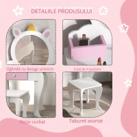 ZONEKIZ Masă de toaletă pentru copii cu taburet și oglindă Masă de toaletă pentru fete cu sertar compartimente design unicorn alb(m-4)