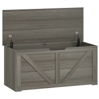 HOMCOM 127L Home Storage Box, with Safety Hinges - Dark Grey Wood-Effect(m-1)