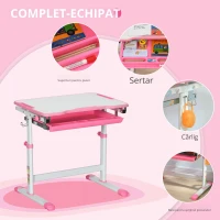 HOMCOM Set Masă și Scaun pentru Copii Reglabilă pe Înălțime, cu Blat Înclinabil 45°, 66x47x52-77 cm, Roz(m-7)