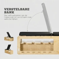 HOMCOM Halterbank met halterrek, 1 opbergmand, verstelbaar in 6 posities, massief hout, naturel + zwart(m-5)