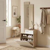 HOMCOM Garderobe mit Spiegel, Klappschuhschrank, Sitzbank, Schublade, Ablagetisch 61x30x170 cm Weiß(m-6)