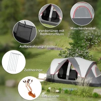 Outsunny campingtent, 2 kamers, scheidingswand, voor 6-8 personen, regendekking, grijs(m-8)