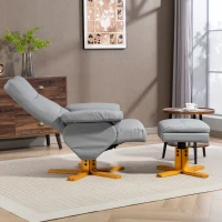 HOMCOM PU Leather Swivel Recliner Chair with Footstool, Wooden Base and Storage for Living Room, Light Grey(m-12)