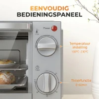 HOMCOM Mini-oven, 9 L met Bakplaat, Grillrooster, Instelbare Temperatuur en Kooktijd, Roestvrij Staal, Zilver(m-7)