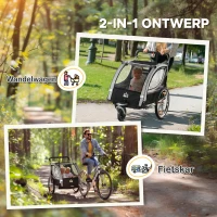HOMCOM Kinderfietskar/Duwwagen met Remmen, Opvouwbaar, voor 2 Kinderen, Grijs/Zwart(m-4)