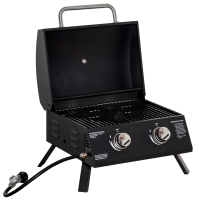 Outsunny tafelgrill gasgrill BBQ met 2 branders mobiele grillwagen grillnet klein buitentafel gasgrill picknick met reduceerslang RVS zwart 55 x 46.5 x 41 cm