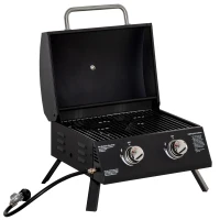 Outsunny tafelgrill gasgrill BBQ met 2 branders mobiele grillwagen grillnet klein buitentafel gasgrill picknick met reduceerslang RVS zwart 55 x 46.5 x 41 cm(m-1)