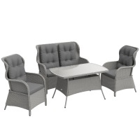 Outsunny Garden PE Rattan Dining Sofa Set, Outdoor 4 Seater Wicker Furniture, High Back Chairs with Cushions, Tempered Glass Coffee Table for Patio, Light Grey