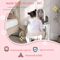 HOMCOM Măsuță pentru copii cu oglindă și taburet Măsuță de toaletă pentru fete 3-6 ani cu sertar alb(m-4)
