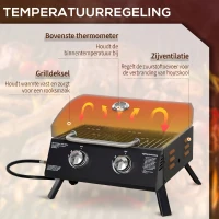 Outsunny tafelgrill gasgrill BBQ met 2 branders mobiele grillwagen grillnet klein buitentafel gasgrill picknick met reduceerslang RVS zwart 55 x 46.5 x 41 cm(m-4)