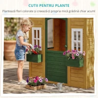 AIYAPLAY Căsuță de joacă din lemn pentru exterior cu ușă 3 ferestre 2 jardiniere pentru copii 3-8 ani 134,5 x 97 x 150 cm Maro(m-6)